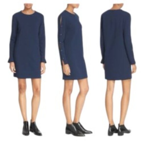 NWT Tibi Button Sleeve Crepe Shift Dress in Midnight Navy 4 - Picture 1 of 5